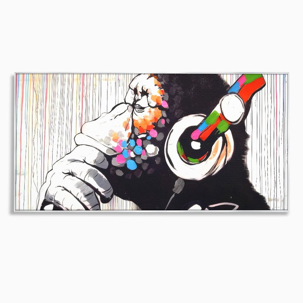 Tablou canvas cu tablou canvas cu maimuta dj, in rama de aluminiu argintiu